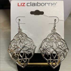 Silver Tone LIZ CLAIBORNE Filigree Dangle Earrings
